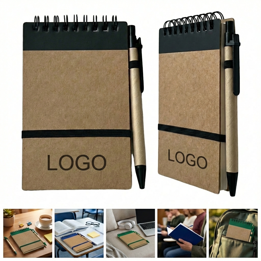 Recycled Cardboard Spiral Notebook with Pen