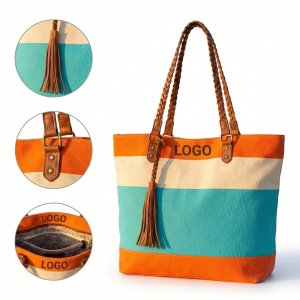 Woven Leather Tassel Tote - Striped Canvas Carryall